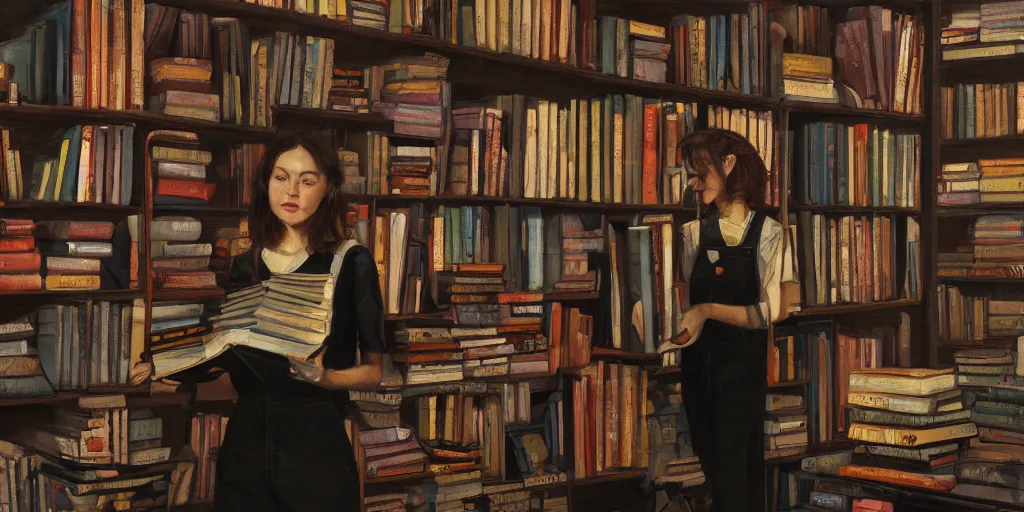Prompt: A female bookseller in black overalls shelves books in her bookshop, cinematic lighting, detailed oil painting, 4k