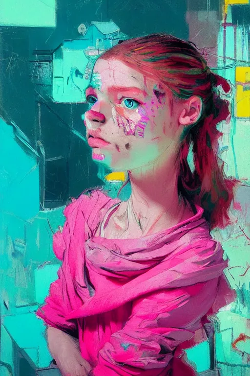 Image similar to portrait of a beautiful girl living in a postapoliptic forgotten world, she has seen war and has seen death, in the colors hot pink and cyan, beautiful face, rule of thirds, complex outfit, spotlight, by greg rutkowski, by jeremy mann, by francoise nielly, by van gogh, digital painting