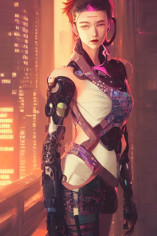 Image similar to portrait futuristic Ninja Girl, in future cyberpunk tokyo rooftop , ssci-fi, fantasy, intricate, very very beautiful, elegant, neon light, highly detailed, digital painting, artstation, concept art, smooth, sharp focus, illustration, art by WLOP and tian zi and alphonse mucha