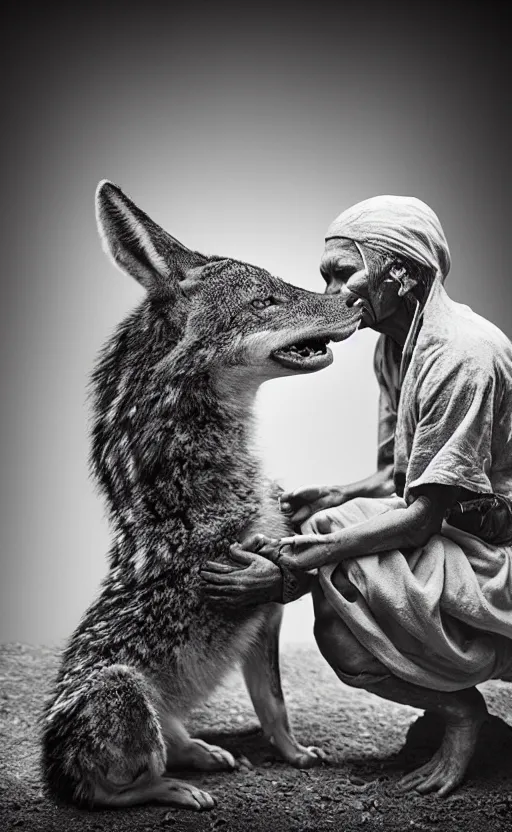 Image similar to Award winning Editorial photo of a Iroquois Native petting a wild coyote by Edward Sherriff Curtis and Lee Jeffries, 85mm ND 5, perfect lighting, gelatin silver process