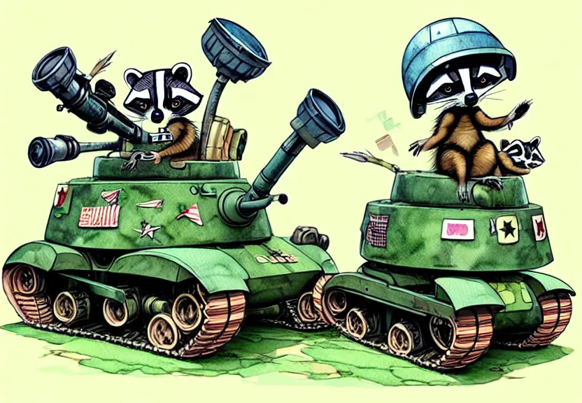 Image similar to cute and funny, racoon wearing army helmet riding in a tiny tank with large cannon, ratfink style by ed roth, centered award winning watercolor pen illustration, isometric illustration by chihiro iwasaki, edited by range murata