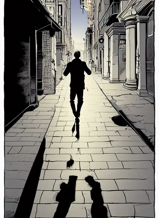 Image similar to young blonde beautiful male boy walking on a city street, mike mignola style, comics, beautiful composition, wide angle, cinematic, volumetric lighting, intricate details