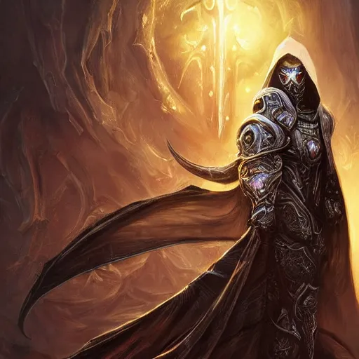 Image similar to character concept, beautiful warlock in armor, black hair, hooded cowl, intricate smooth patterns, cosmic armor, diablo splash art, cinematic lighting, hr giger style