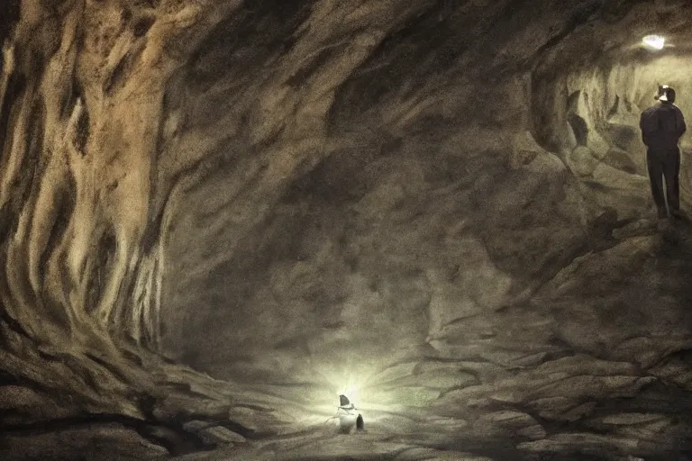 Image similar to A beautiful painting of a lone man with weak flashlight in huge dark underground cave