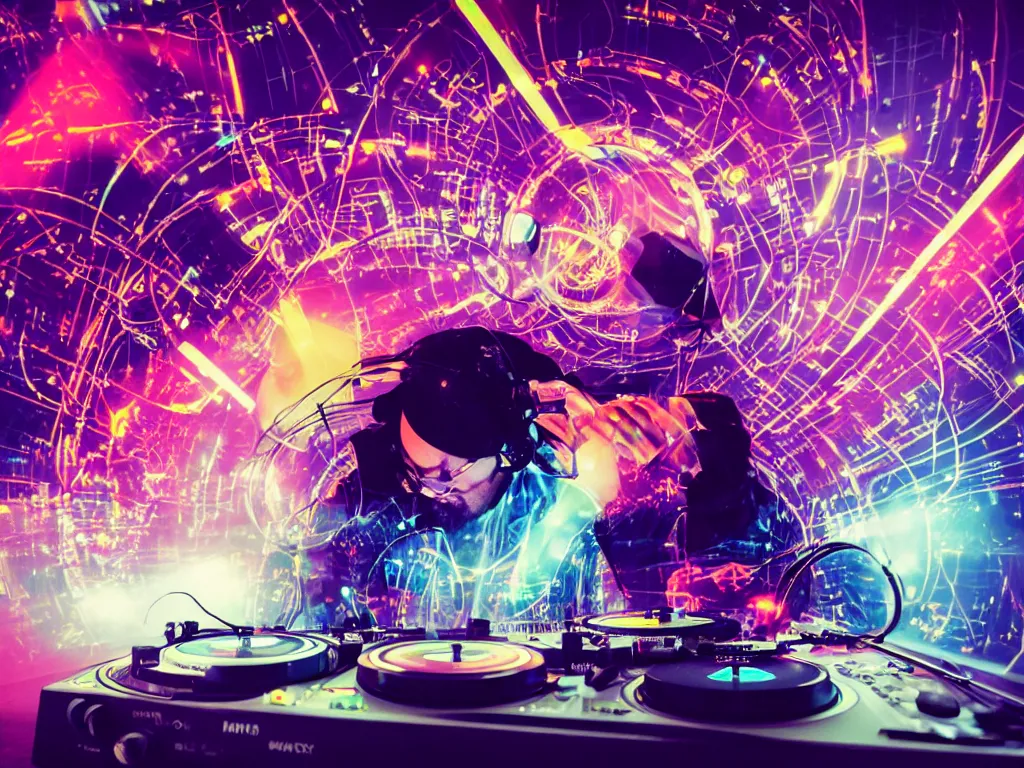 Image similar to a person wearing goggles and visor and headphones using a retro record player contraption, hologram, turntablism dj scratching, light trails, screens, smoky atmosphere, intricate planetary gears, cinematic, imax, sharp focus, leds, bokeh, iridescent, black light, fog machine, hazy, lasers, hyper color digital art