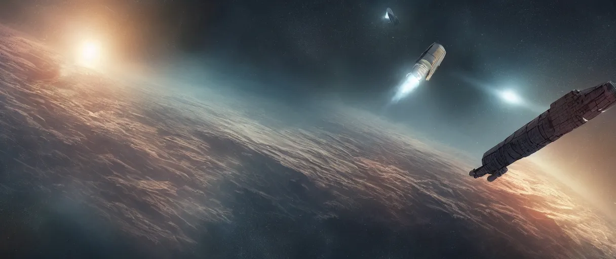 Image similar to illustration, a single small spaceship, deep space exploration, alone, the expanse tv series, industrial design, battlestar galactica tv series (2004), cinematic lighting, 4k, greebles, widescreen, wide angle, sharp and blocky shapes, hyper realistic, hubble photography, the final frontier, beksinski