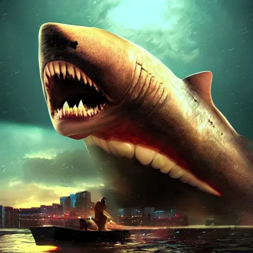 Image similar to megalodon eating a person. hyper realistic. digital art. artstation. cyberpunk. award winner.