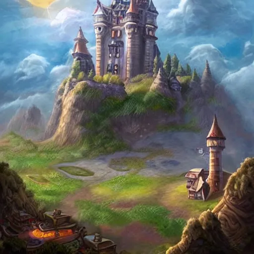 Image similar to a castle on a flying island, an island floating in the sky, clouds background, hearthstone coloring style, epic fantasy style art, fantasy epic digital art, epic fantasy card game art