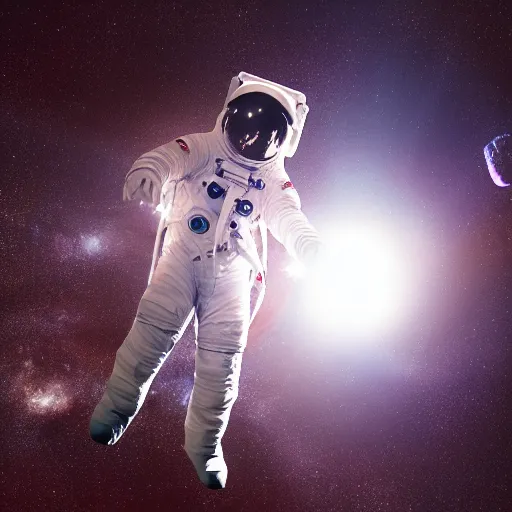 Image similar to photograph of an astronaut against the pitch black darkness of space, full body photo, lit from below, amazing light and shadow contrast,, 8 k