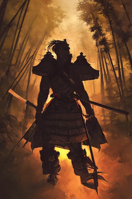 Image similar to a warrior in an epic samurai armor in dark japanese bamboo forest with light shafts, by jesper ejsing and maciej kuciara