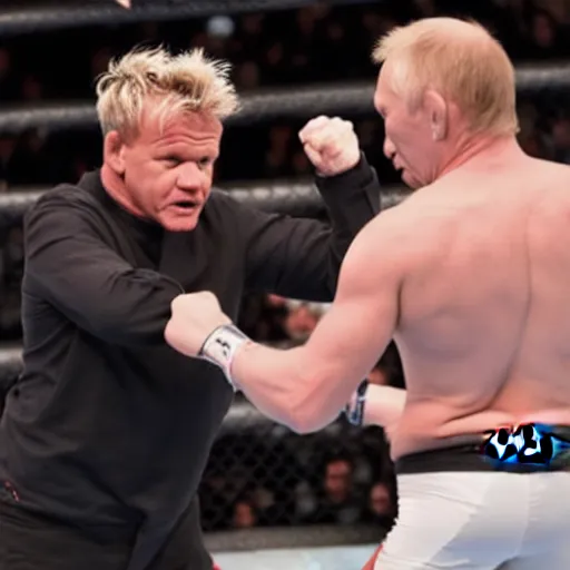 Image similar to Action photo of Gordon Ramsay submitting Putin in the UFC