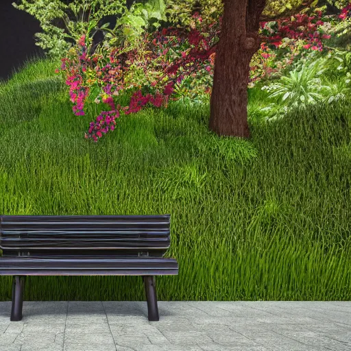 Image similar to black background, bench made of spring plants, hyperrealistic, concept art, octane render, unreal engine 5, trending on artstation, high quality, highly detailed, 8 k hdr, no lighting, path traced, black background, bloom, high coherence, symmetrical, high contrast, digital art, serene landscape, cinematic