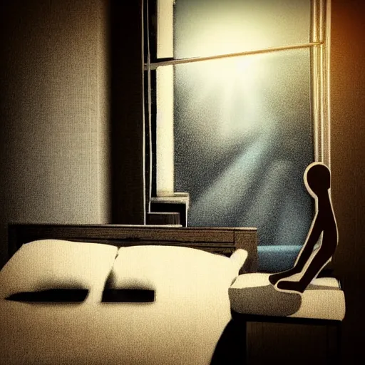 Prompt: digital art, stick figure sitting on the ledge of a bed, simplistic, creative