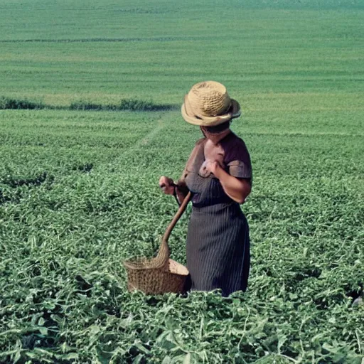 Prompt: woman working in a field. hot sun. harvest. folk horror