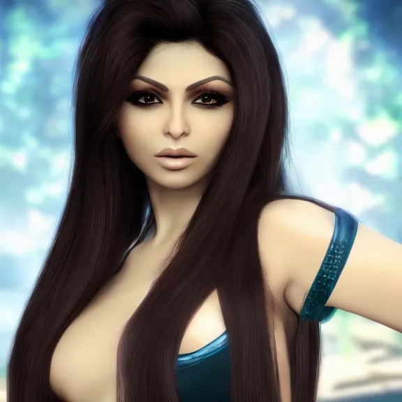 Prompt: portait of haifa wehbe, long hair centred, hd, very detailed curve, unreal engine, final fantasy style, blue soft background