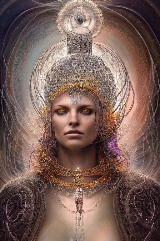 Prompt: a centered render of a wild post apocalyptic goddess with wearing ornate silver and gemstones and crystal clothing surrounded by flowing liquid gallium jellyfish and sacred geometry, perfect body and face, gorgeous, cinematic, beautifully lit, by tomasz alen kopera and peter mohrbacher and craig mullins, 3 d, trending on artstation, octane render, 8 k