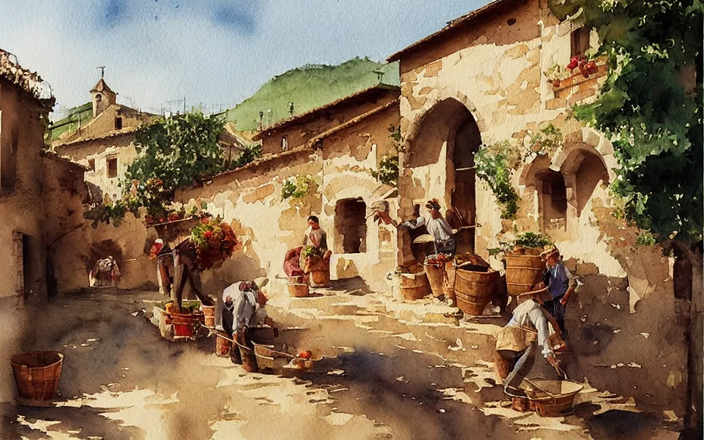 Image similar to beautiful watercolor painting by joseph zbukvic and alvaro castagnet, depicting a wine harvesting on a sunny day in a little italian village