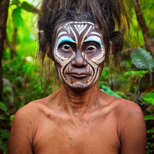 Image similar to beautiful portrait of a plant teacher spirit uchu sanango in the jungle, tribal face paintings, ayahuasca, matte painting