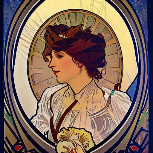 Image similar to airship pilot, painted by alphonse mucha