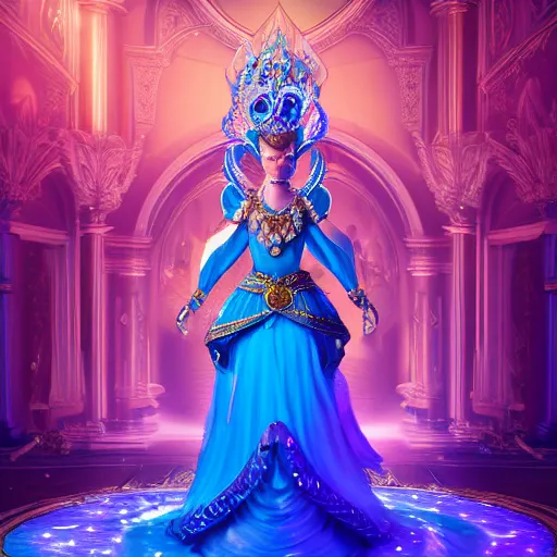 Image similar to photo of wonderful princess of sapphire with fair skin, she has her eyes closed, glowing, ornate and intricate blue jewelry, jaw dropping beauty, eyepopping colors, dynamic lighting, glowing background lighting, blue accent lighting, photorealistic, hyper detailed, award winning photography, 4 k octane render