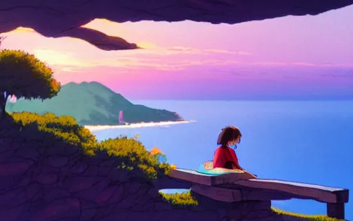 Prompt: a young girl sitting in a fild on a cliff watching a purple sunset, wide shot, art by hayao miyazaki, studio ghibli film, hi res, 4k