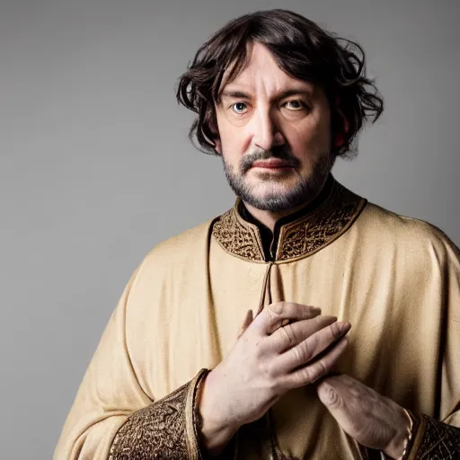 Image similar to richard iv the roman king, real human wearing cashmere shirt, soft studio lighting, sigma lens photo, he is holding something soft