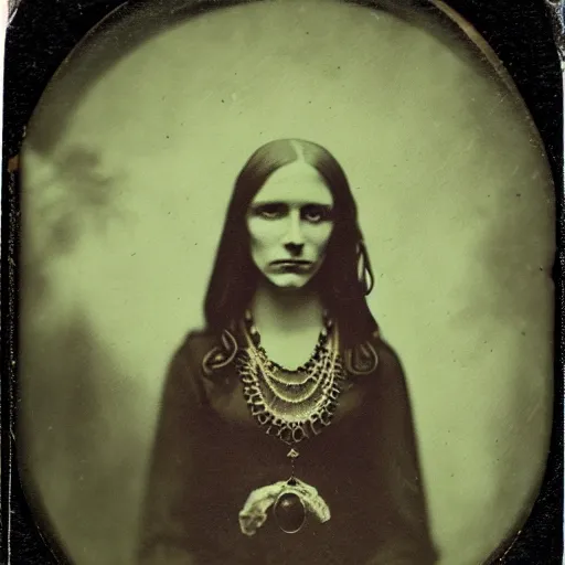 Prompt: daugerreotype of cthulhu high priestess. ambrotype of occult priestess. tintype of a beautiful woman