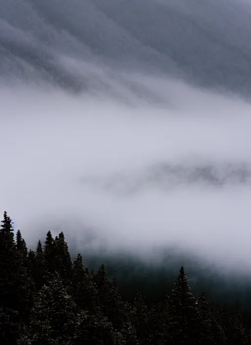 Prompt: mountain in fog snowy peak