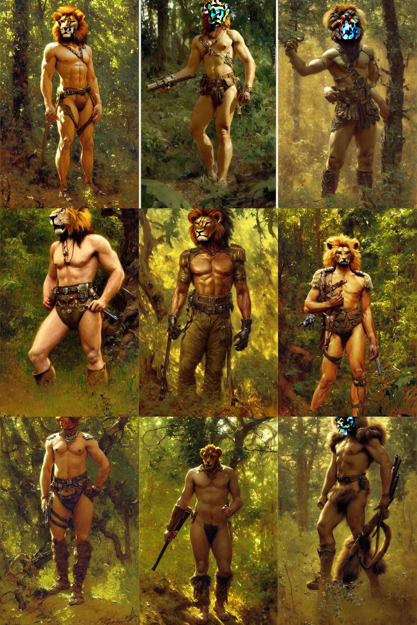 Prompt: anthro lion soldier in the forest, character design, painting by gaston bussiere, craig mullins, j. c. leyendecker, tom of finland