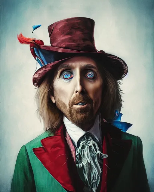 Image similar to tom petty as the mad hatter, contrast, kim jung gi, greg rutkowski, zabrocki, karlkka, jayison devadas, trending on artstation, 8 k, ultra wide angle, zenith view, pincushion lens effect