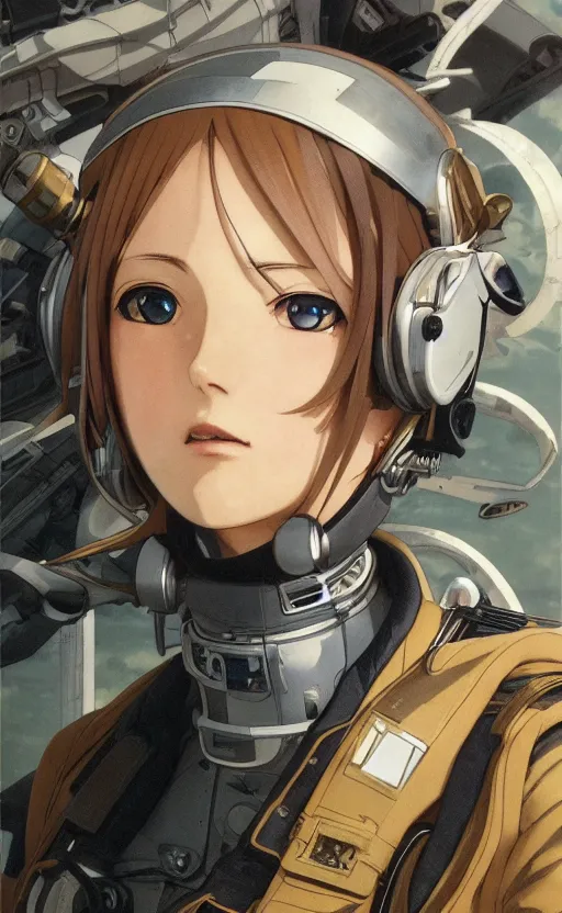 Image similar to pilot girl, cyborg aircraft parts, anime style, vintage pilot clothing, shoulder eyes, last exile anime, hair down, symmetrical facial features, from arknights, hyper realistic, 4 k, rule of thirds, extreme detail, detailed drawing, trending artstation, realistic lighting, by alphonse mucha, greg rutkowski, short neck