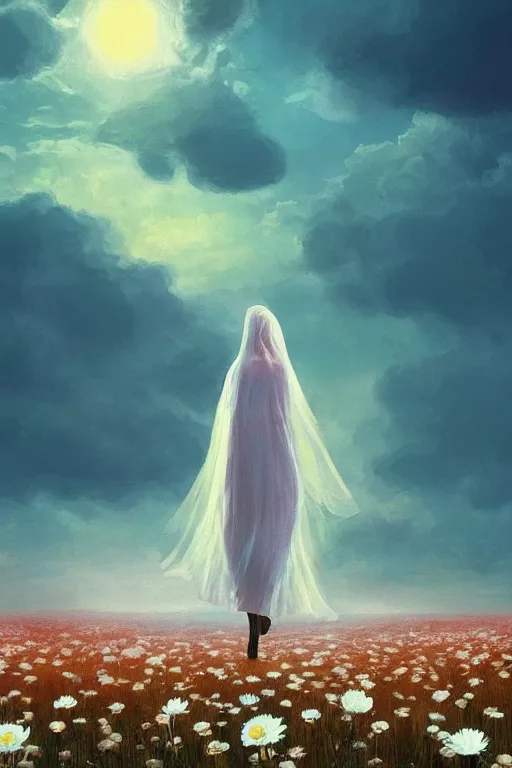 Image similar to giant white daisy flowers as head, veiled girl walking in a flower field, surreal photography, sunrise, dramatic light, impressionist painting, colorful clouds, digital painting, artstation, simon stalenhag