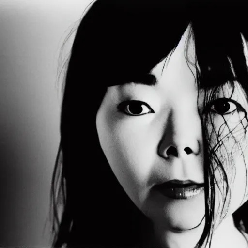 Prompt: Bjork climbs out of your TV screen towards you like Sadako, J-Horror, 90s, 35mm film