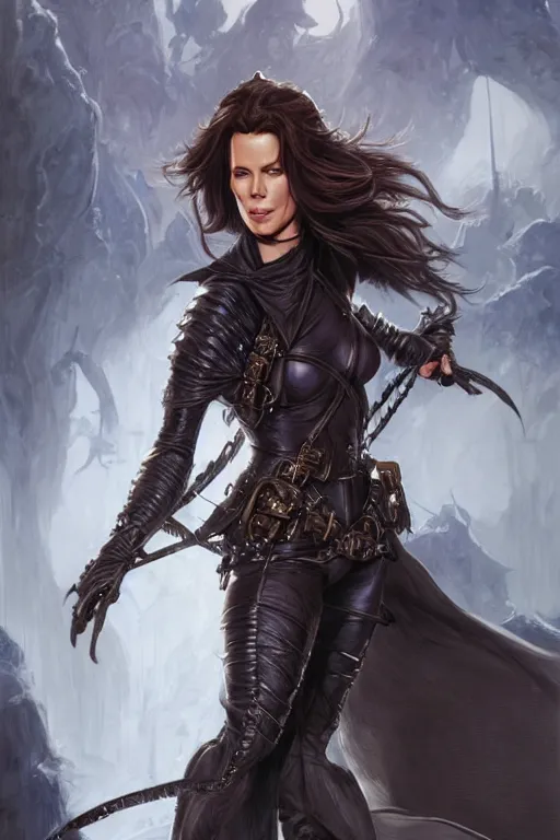 Image similar to kate beckinsale as dnd thief, weared in leather armor, highly detailed, d & d, fantasy, highly detailed, digital painting, trending on artstation, concept art, sharp focus, illustration, art by artgerm and greg rutkowski and magali villeneuve