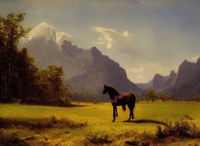 Prompt: painting of a horse on a field in front of beautiful mountains by albert bierstadt