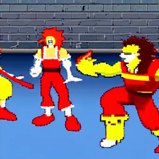 Image similar to screenshot of ronald mcdonald, white face, red afro, red nose and yellow outfit as fight enemy in 9 0's mortal kombat 3, mk 3, mortal kombat 3, sega genesis video game, upscaled to high resolution