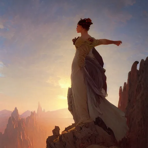 Image similar to an ultradetailed matte landscape painting of mountain sized sculpture of a beautiful and elegant woman, sunrise on the horizon in the background, stone hand raised up, 8 k, art by greg rutkowski and alphonse mucha and andreas rocha and albert bierstadt