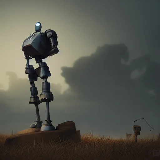 Prompt: The Iron Giant wandering a junkyard, mysterious, Octane Render, Raytracing, 135mm camera lens, moody lighting, dark