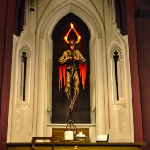 Prompt: satanic demonic creature on a church altar, realistic, horror, evil