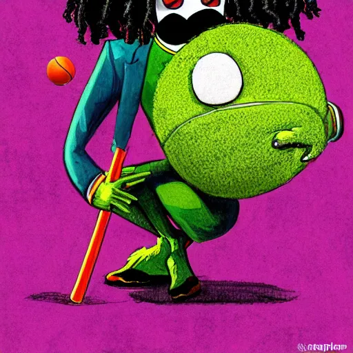 Image similar to a snoop dogg tennis ball monster, snoop dogg, colorful, digital art, fantasy, magic, chalk, trending on artstation, ultra detailed, professional illustration by basil gogos