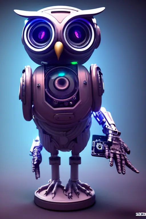 Image similar to high quality 3 d render very cute cyborg owl! with boombox!, cyberpunk highly detailed, unreal engine cinematic smooth, in the style of blade runner & detective pikachu, hannah yata charlie immer, moody light, low angle, uhd 8 k, sharp focus