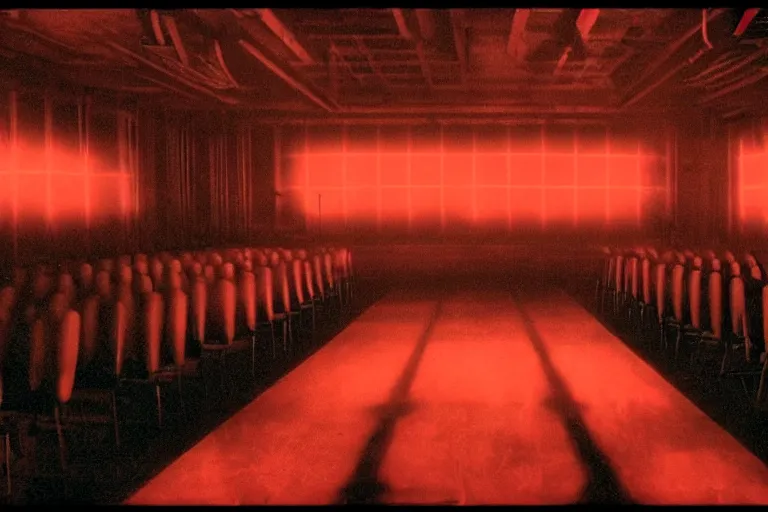 Image similar to a dark conference hall, half - occupied with people, atmospheric and obscure, red neon light, by roger deakins, cinematography, syd mead, dave mckean