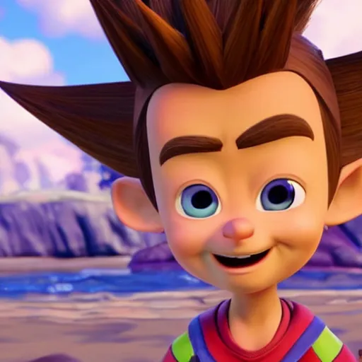 Image similar to Jimmy Neutron from Nickelodeon as an NPC character in the video game Kingdom Hearts, Jimmy neutron Boy Genius, Sora is in the camera, Crossover with Nick and Square Enix, UHD 4k, RTX On, Arnold Render, Unreal Engine 4, Award winning visuals, Godrays, beautiful detailed intricate insanely detailed octane render, Playstation 5 graphics