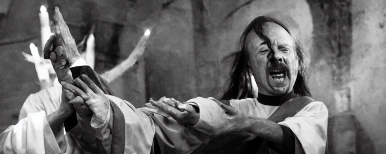 Image similar to priest performing exorcism, directed by John Carpenter