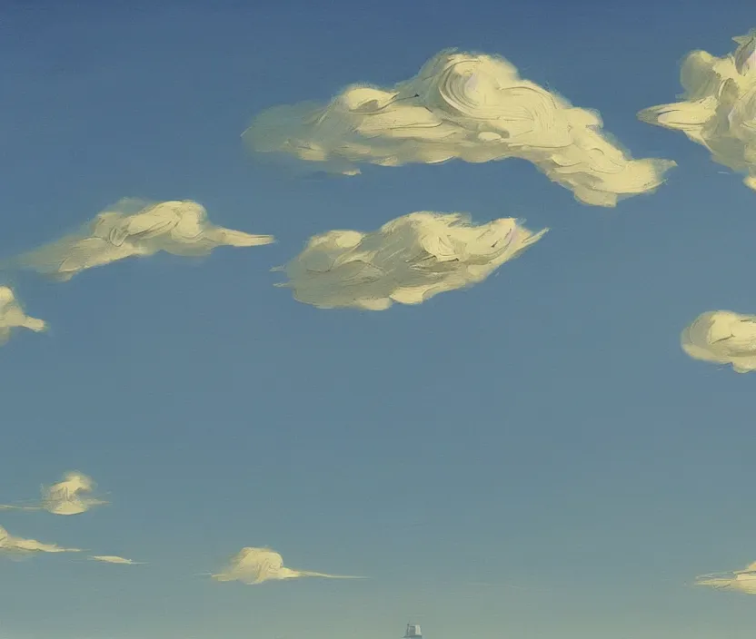 Image similar to a very detailed painting of a spaceship in the sky, spaceship in the style of shaun williams on artstation, baby blue sky with very aesthetic clouds, in the style of edward hopper and huggo pondz, very fine brushstrokes, 4 k,