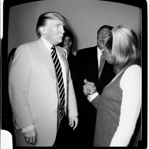 Image similar to polaroid photograph of donald trump meeting aliens, black and white, blurry