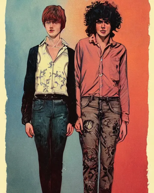 Prompt: two beautiful but horrifying young nonbinary people wearing oxford button down shirts in layers of fear, with haunted eyes and wild hair, 1 9 7 0 s, seventies, wallpaper, a little blood, moonlight showing injuries, delicate embellishments, painterly, offset printing technique, by brom, robert henri, walter popp