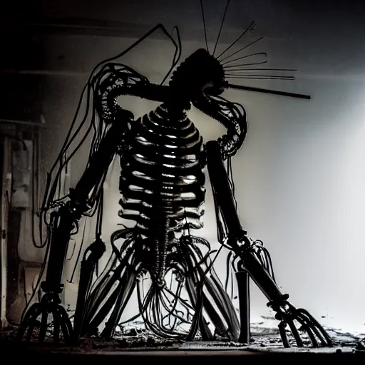 Image similar to a biomechanical cybergoth of dust and ash and wires in a dark grimy bleak room, low key