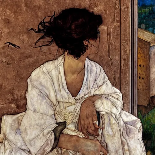 Prompt: a girl with white dress sitting beside the windo and looking outside , desert some crows around her ,by egon schiele and michael angelo, baroque, neo Gothic,matte painting, water color,baroque detailes,photo real,concept art,highly detailed,sharp lines, hdri, 4k