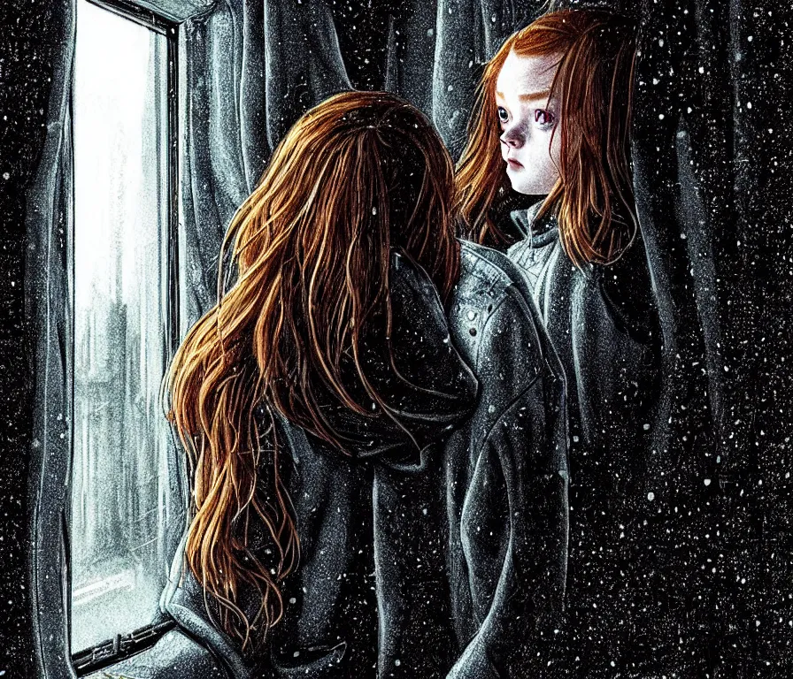 Prompt: outdoors : sadie sink in hoodie sits on windowsill, knees tucked in | rain falls at night : storyboard, scifi cyberpunk. by gabriel hardman, joe alves, chris bonura. cinematic atmosphere, detailed and intricate, perfect anatomy